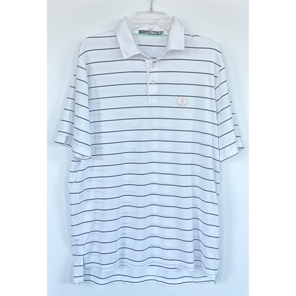RLX Ralph Lauren Mens Golf Polo Shirt White Blue Striped Wicking Performance L